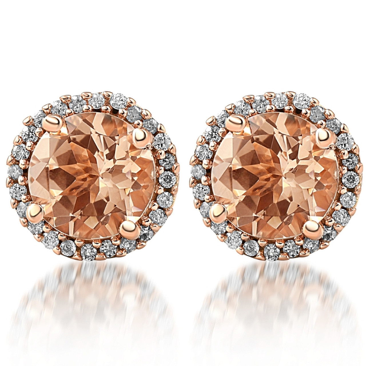 1 1/2 Ct Diamond & Morganite Rose Gold Halo Studs Screw Back Earrings Rose  Gold (I-J, I2-I3)