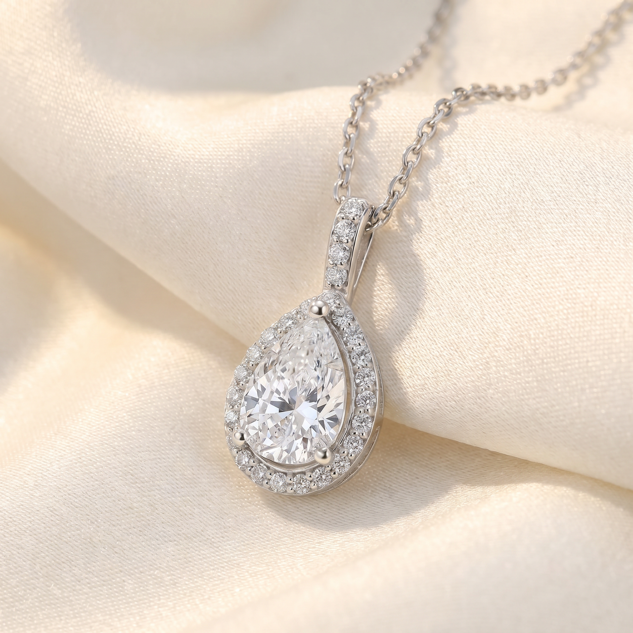 1 1/4Ct Pear Shape Halo Diamond Pendant 14k White Gold Necklace Lab Grown (G-H, VS)
