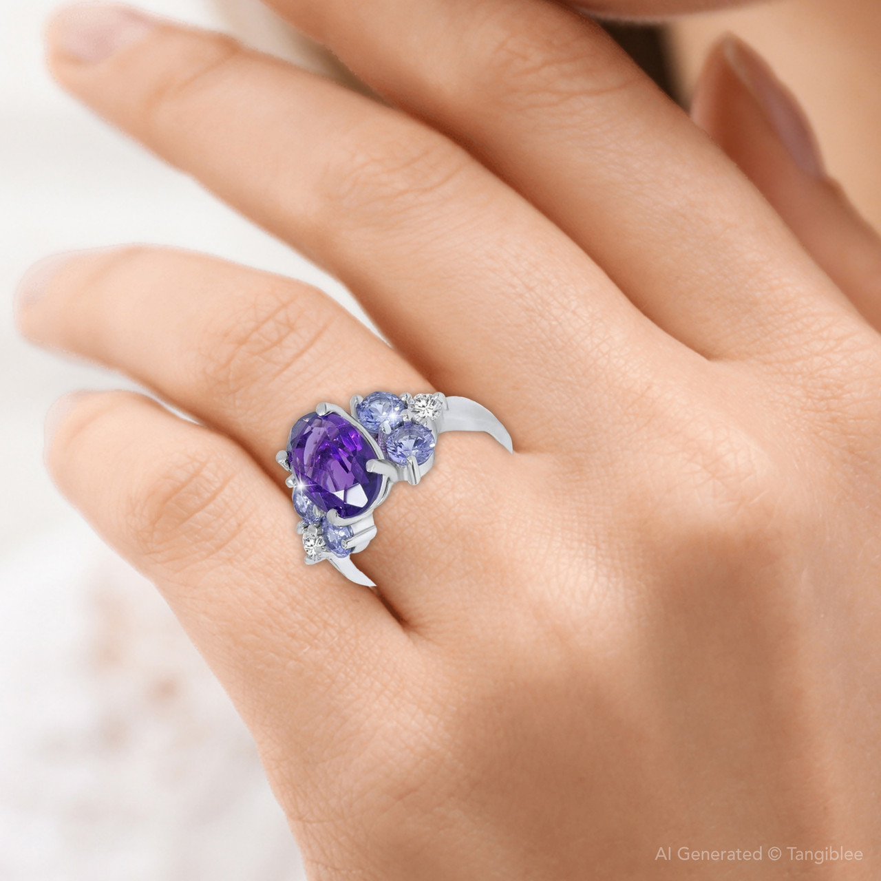 7 1/3ct Amethyst Pastel Sapphire & Diamond Ring 14K White Gold (G-H, SI)