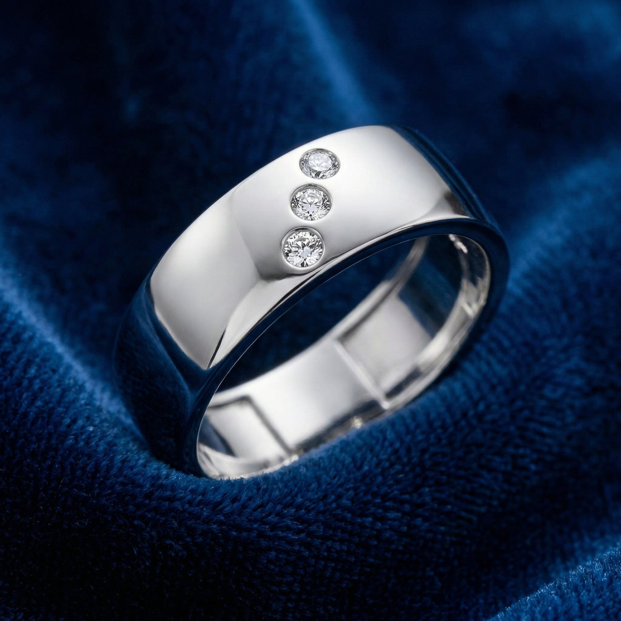 Mens Three Stone Diamond Ring 10k White Gold High Polished 7mm (H-I, I1)