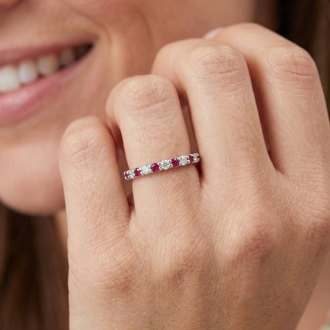 1/2Ct Ruby & Diamond Eternity Wedding Ring 14k White Gold Womens Band (G-H, I2-I3)