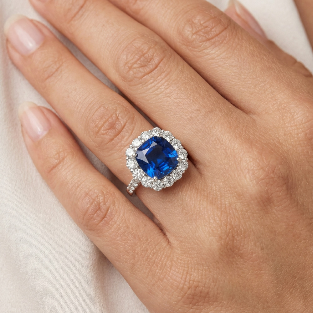 6 1/2 Ct Diamond Halo Created Sapphire Ring 10k White Gold Lab Grown (F-G, VS)