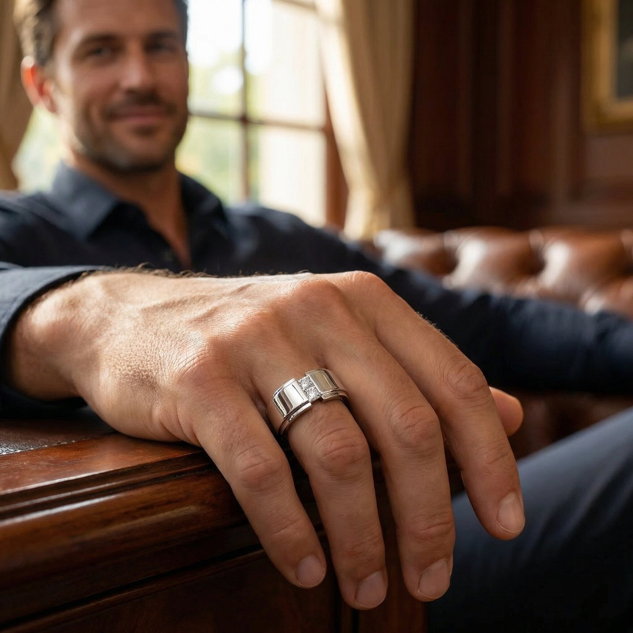 Mens 14K White Gold Princess Cut Diamond Wedding Ring (G-H, VS)