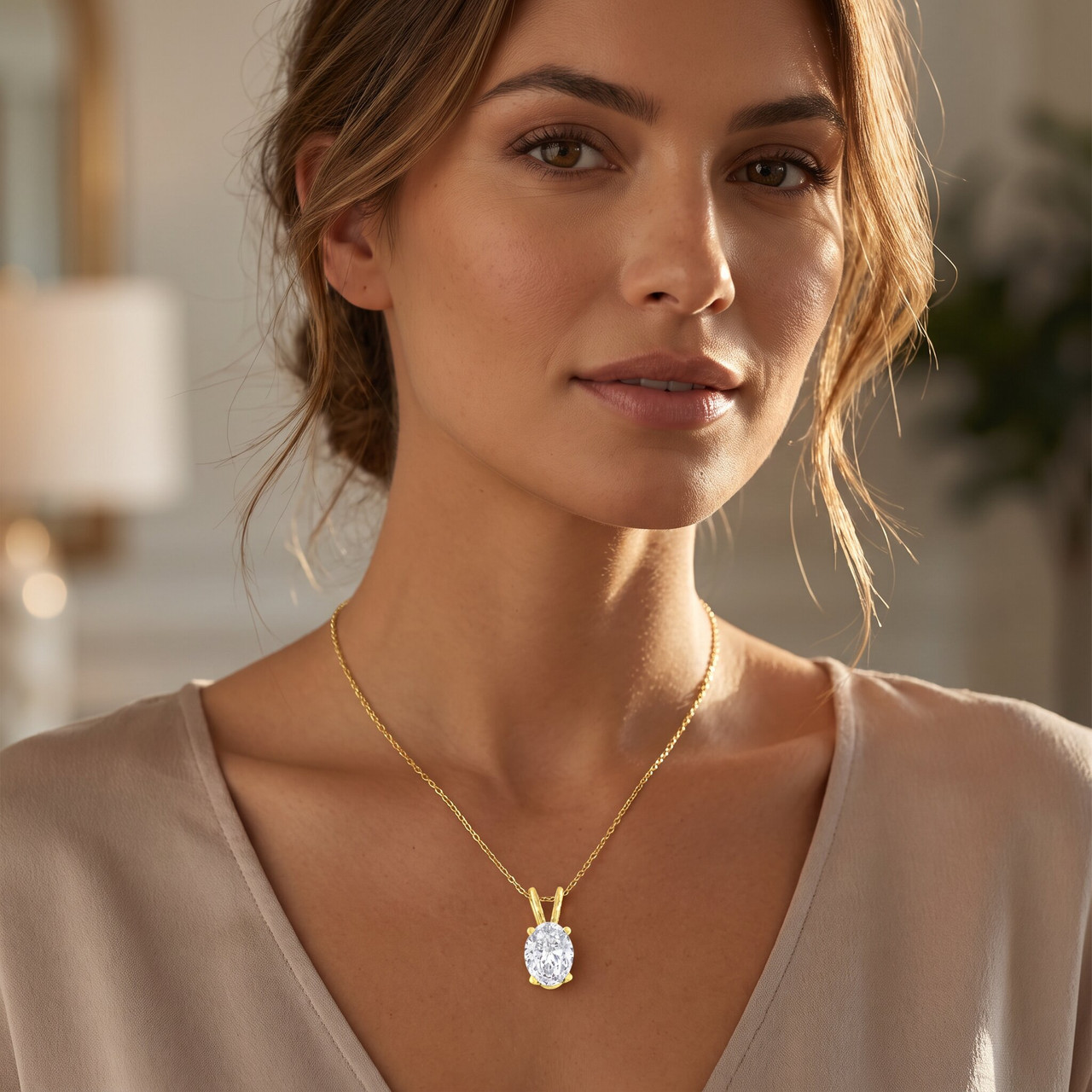 1/2Ct Lab Grown Oval Diamond Solitaire Pendant 14k Gold Necklace (D-E, VVS)