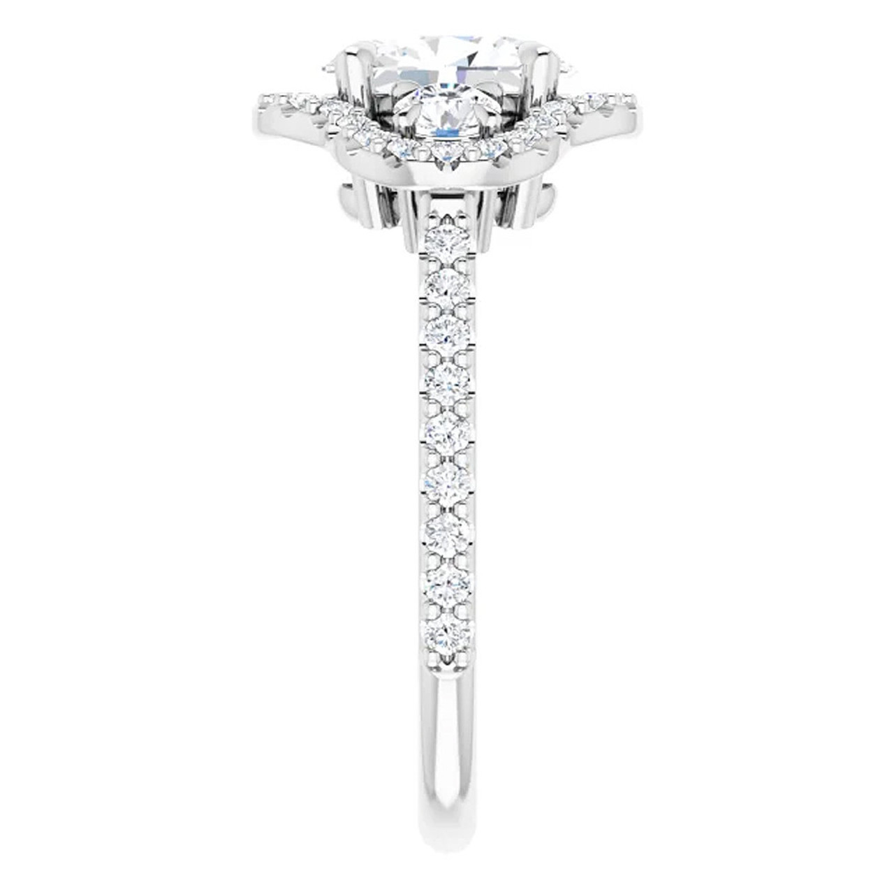 1 3/4 Ct Three Stone Halo Diamond & Oval Moissanite Engagement Ring White Gold (G-H, SI)