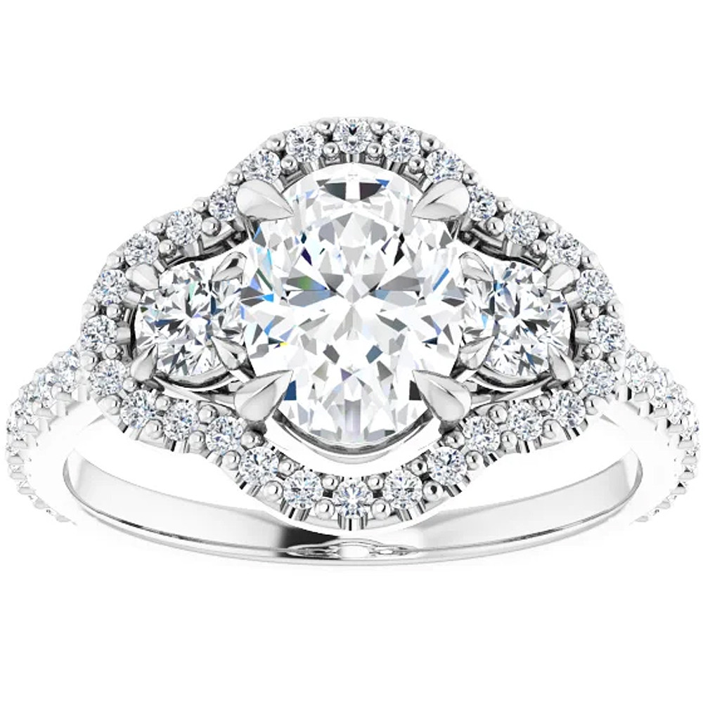 1 3/4 Ct Three Stone Halo Diamond & Oval Moissanite Engagement Ring White Gold (G-H, SI)