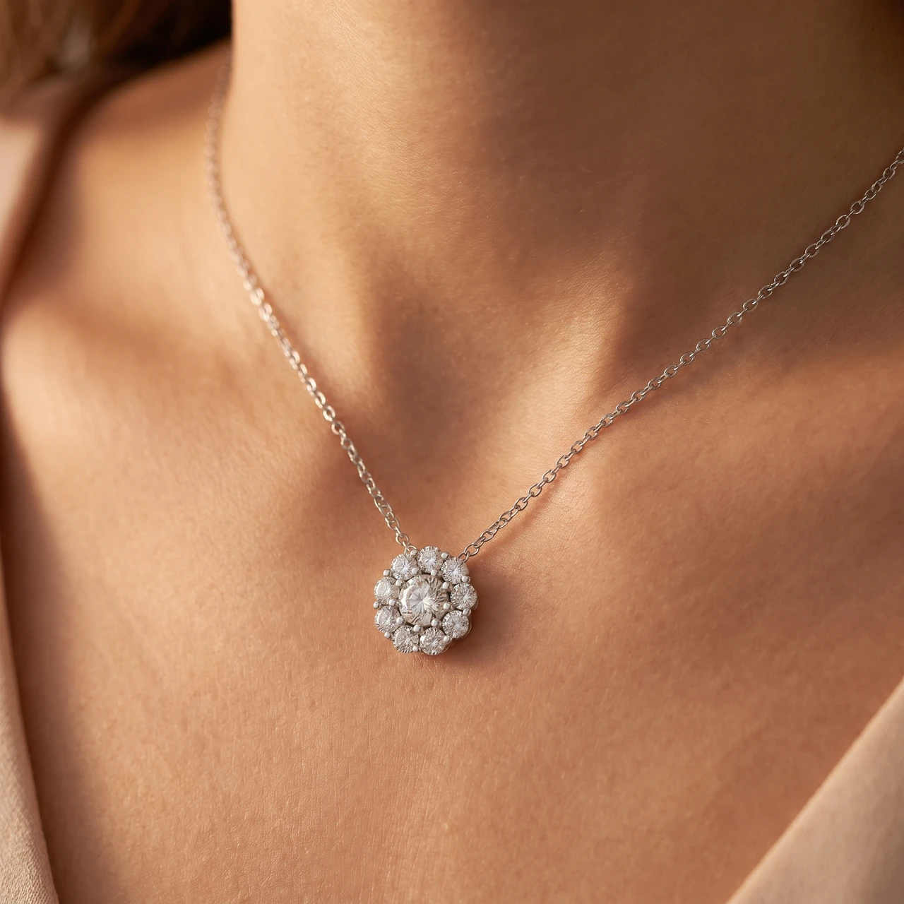 5/8ct Diamond Halo Pendant 10K White Gold Womens Necklace (H-I, I1)