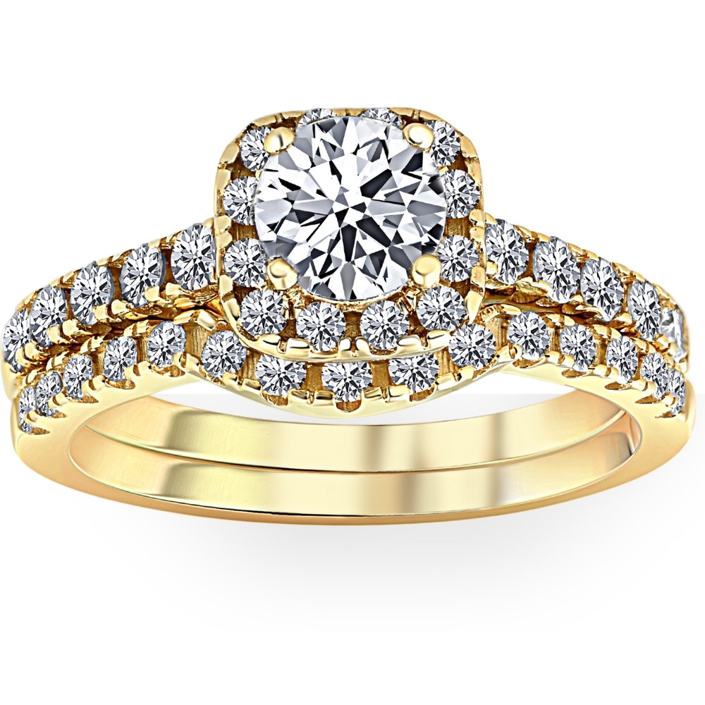 1 1/4Ct Diamond Cushion Halo Engagement Wedding Ring Set 10k Yellow Gold (H-I, I1)