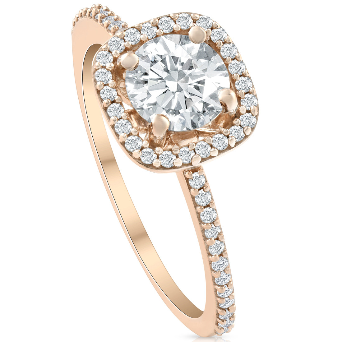 1 1/4 Ct Moissanite & Diamond Cushion Halo Engagement Ring 10k Rose Gold (I-J, I1)