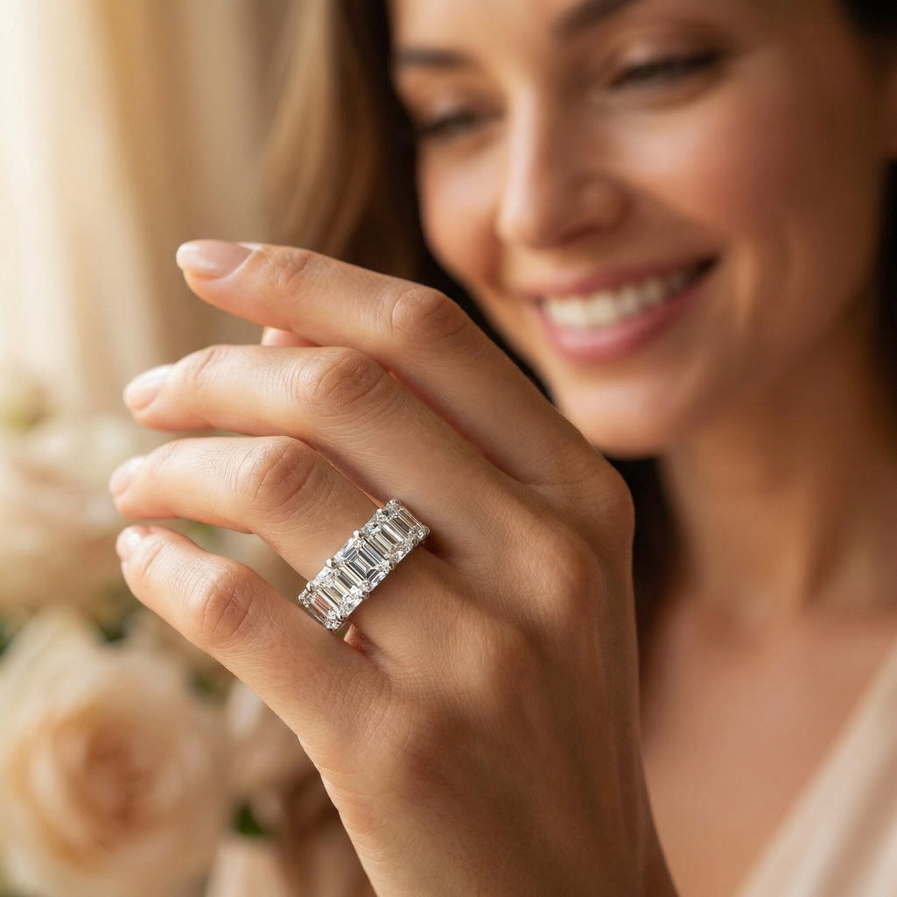 10 1/2 Ct Asscher Cut Moissanite Eternity Ring Wedding Band 10k Gold