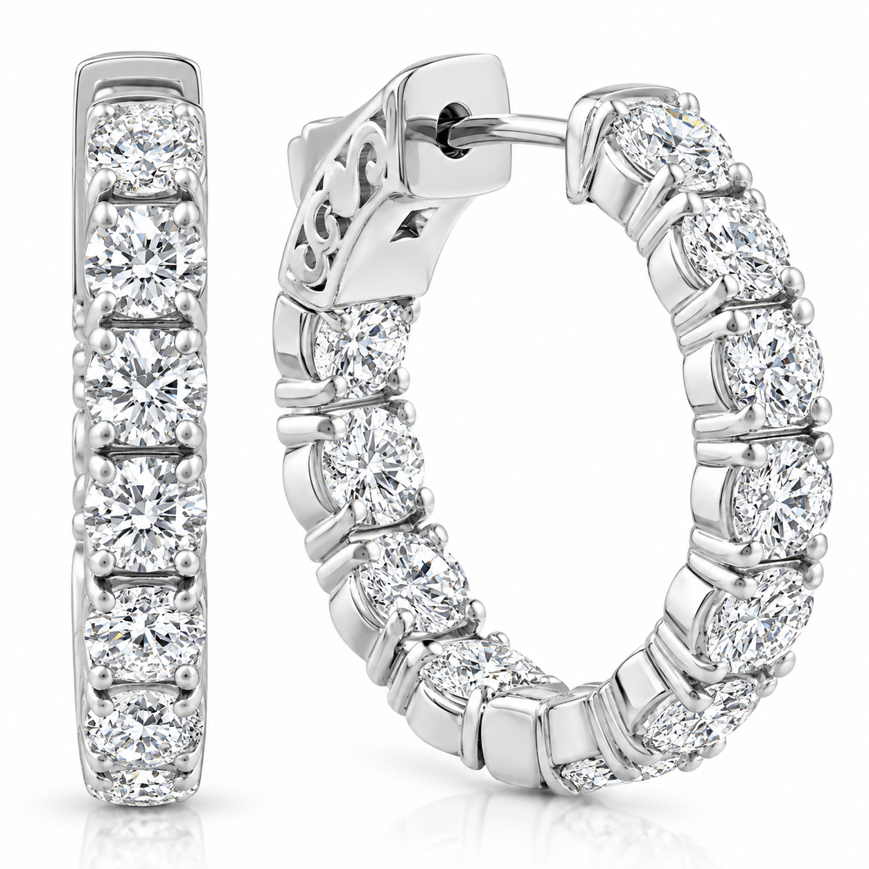 4 1/2 Ct Diamond Inside Outside Hoops W/ Vault Lock 14k White Gold Lab Grown (G-H, VS)