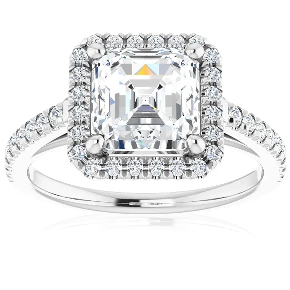 2 1/2Ct Asscher Cut Moissanite & Diamond Halo Engagement Ring in 10k Gold (G-H, VS)