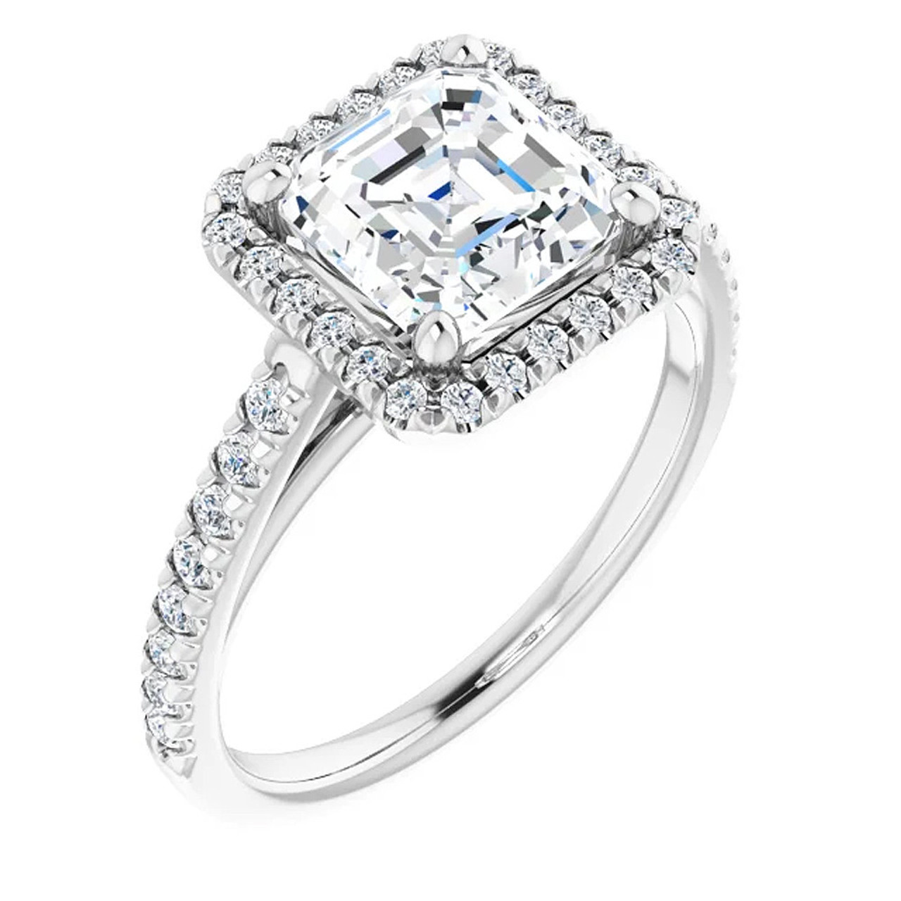 2 1/2Ct Asscher Cut Moissanite & Diamond Halo Engagement Ring in 10k Gold (G-H, VS) 2 1/2Ct Asscher Cut Moissanite & Diamond Halo Engagement Ring in 10k Gold (G-H, VS)