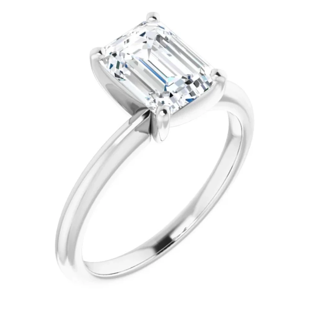 2Ct Emerald Solitaire Moissanite Engagement Ring in White Yellow or Rose Gold