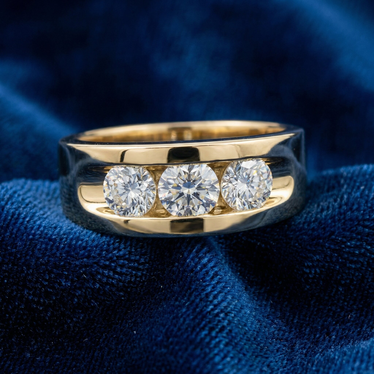 2Ct Diamond Mens Three Stone Ring 10k Yellow Gold (H-I, I1)