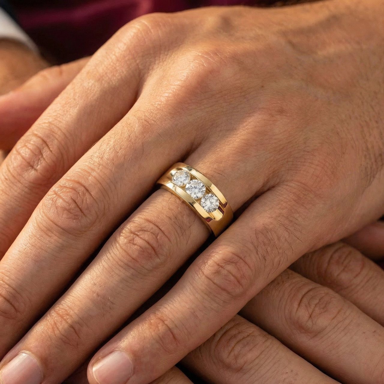 2Ct Diamond Mens Three Stone Ring 10k Yellow Gold (H-I, I1)