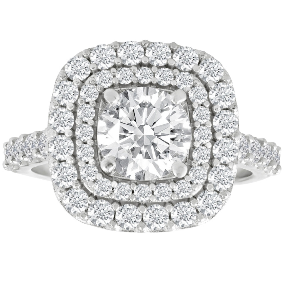 2 Ct Diamond Double Cushion Halo Engagement Ring 14K White Gold (G-H, I1)
