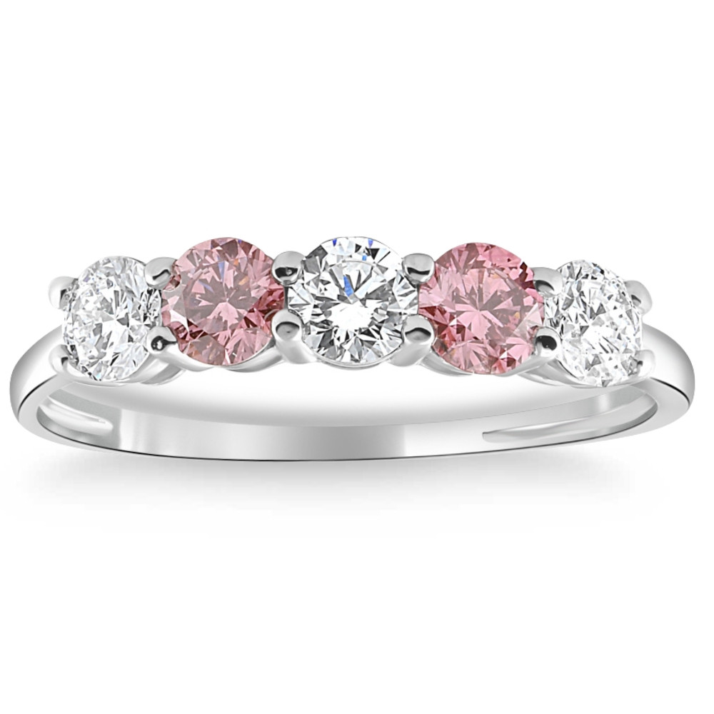 1 Ct Pink Diamond Five Stone Anniversary Wedding Ring 14k White Gold Lab Grown (G-H, VS)
