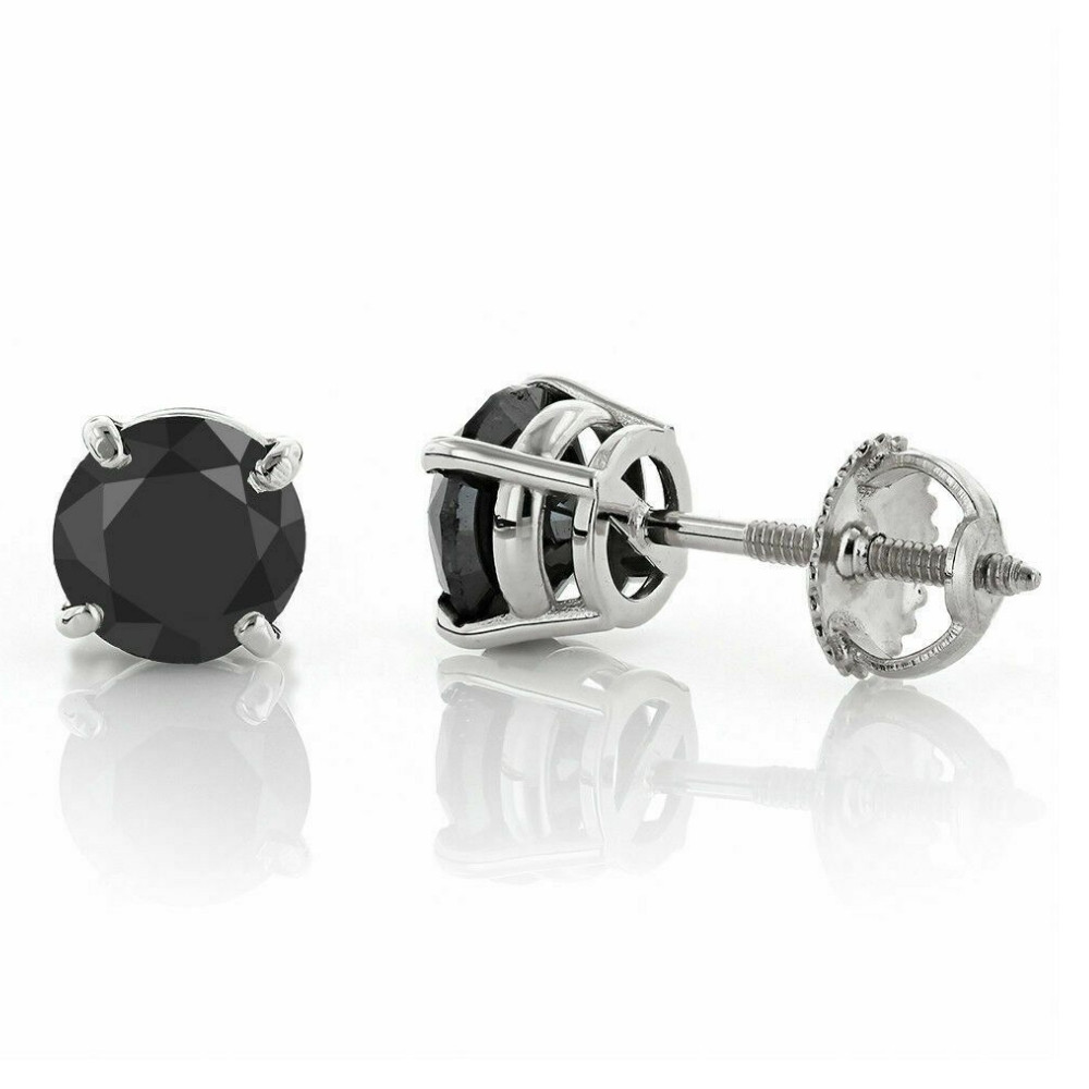 2 1/2ct Black Diamond Screw Back Studs Womens Earrings 14K White Gold (Black, VS)
