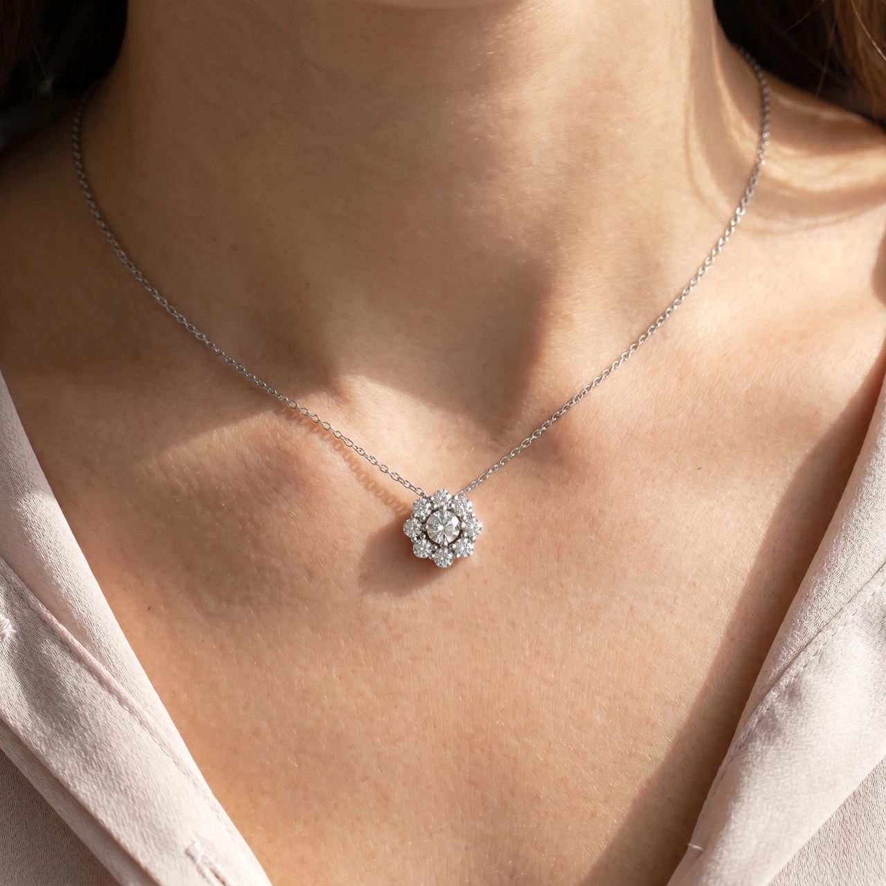 VS 3 Ct Diamond & Moissanite Halo Pendant 14k White Gold 18" Lab Grown Necklace (G-H, VS)