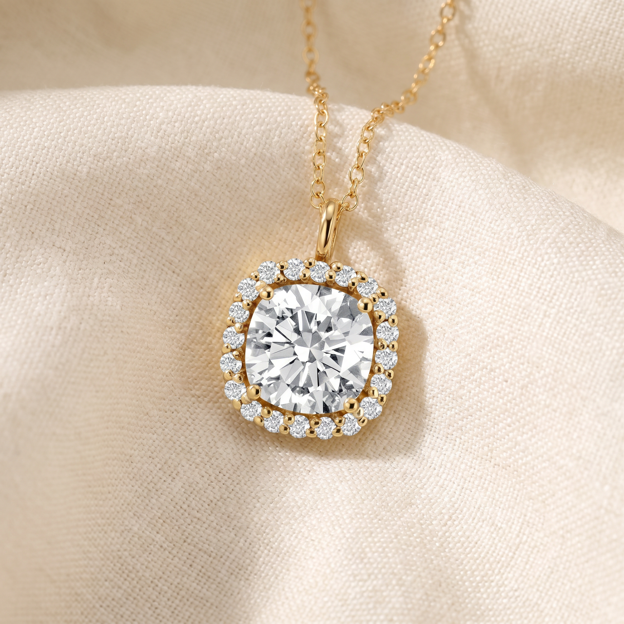 3 5/8 Ct Cushion Moissanite & Lab Grown Diamond Halo Pendant 14k Gold Necklace (E-F, VS)