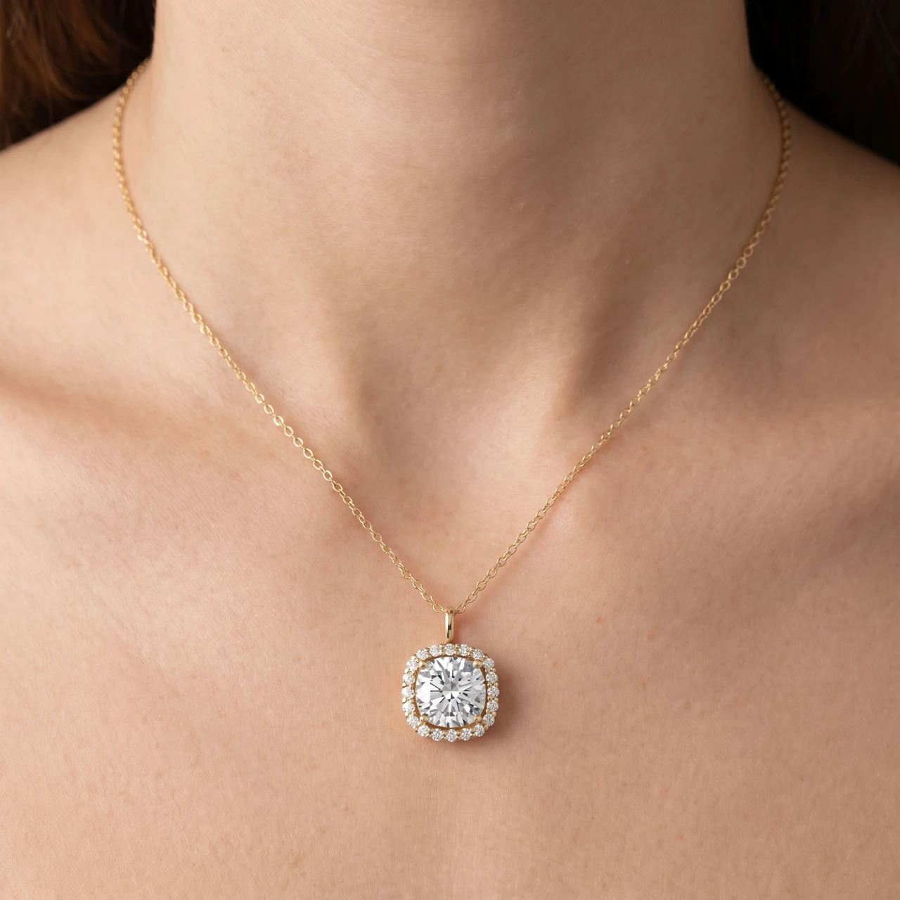 3 5/8 Ct Cushion Moissanite & Lab Grown Diamond Halo Pendant 14k Gold Necklace (E-F, VS)