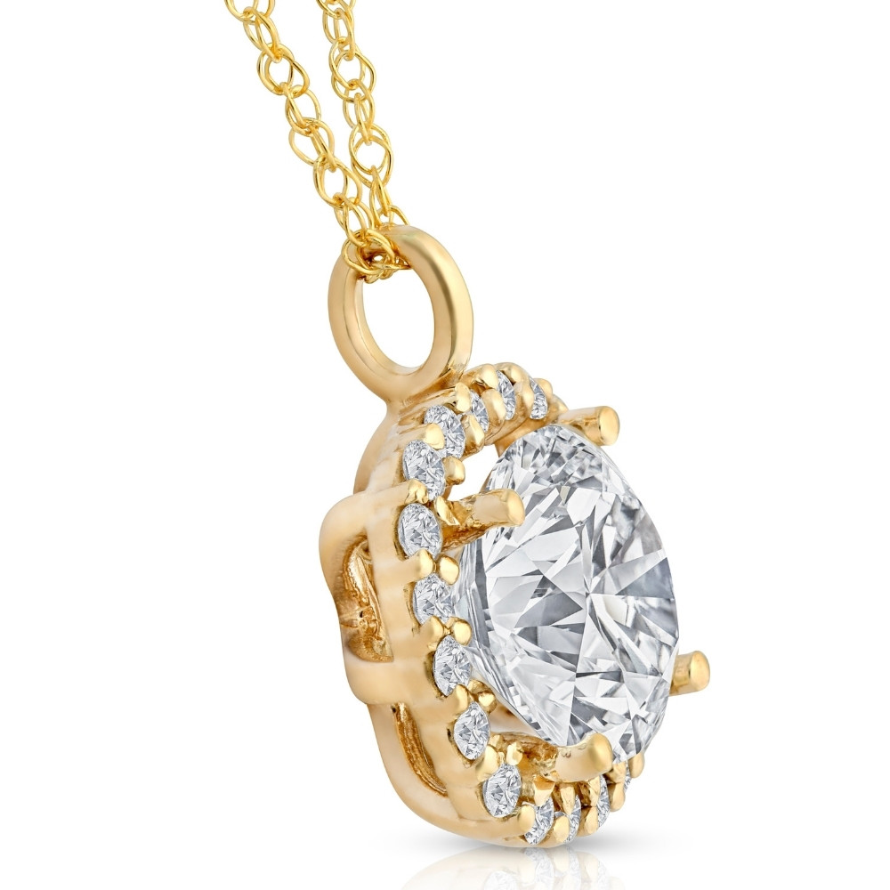 3 5/8 Ct Cushion Moissanite & Lab Grown Diamond Halo Pendant 14k Gold Necklace (E-F, VS)