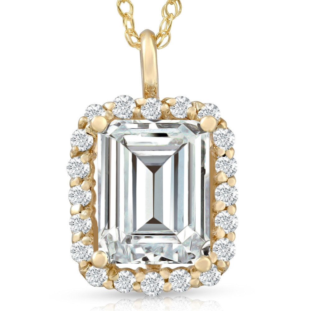 3 1/2 Ct Emerald Moissanite & Lab Grown Diamond Halo Pendant 14k Gold Necklace (E-F, VS)