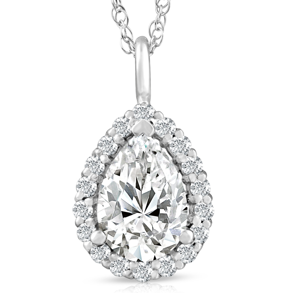 2 1/6 Pear Shape Moissanite & Lab Grown Diamond Halo Pendant 14k Gold Necklace (E-F, VS)