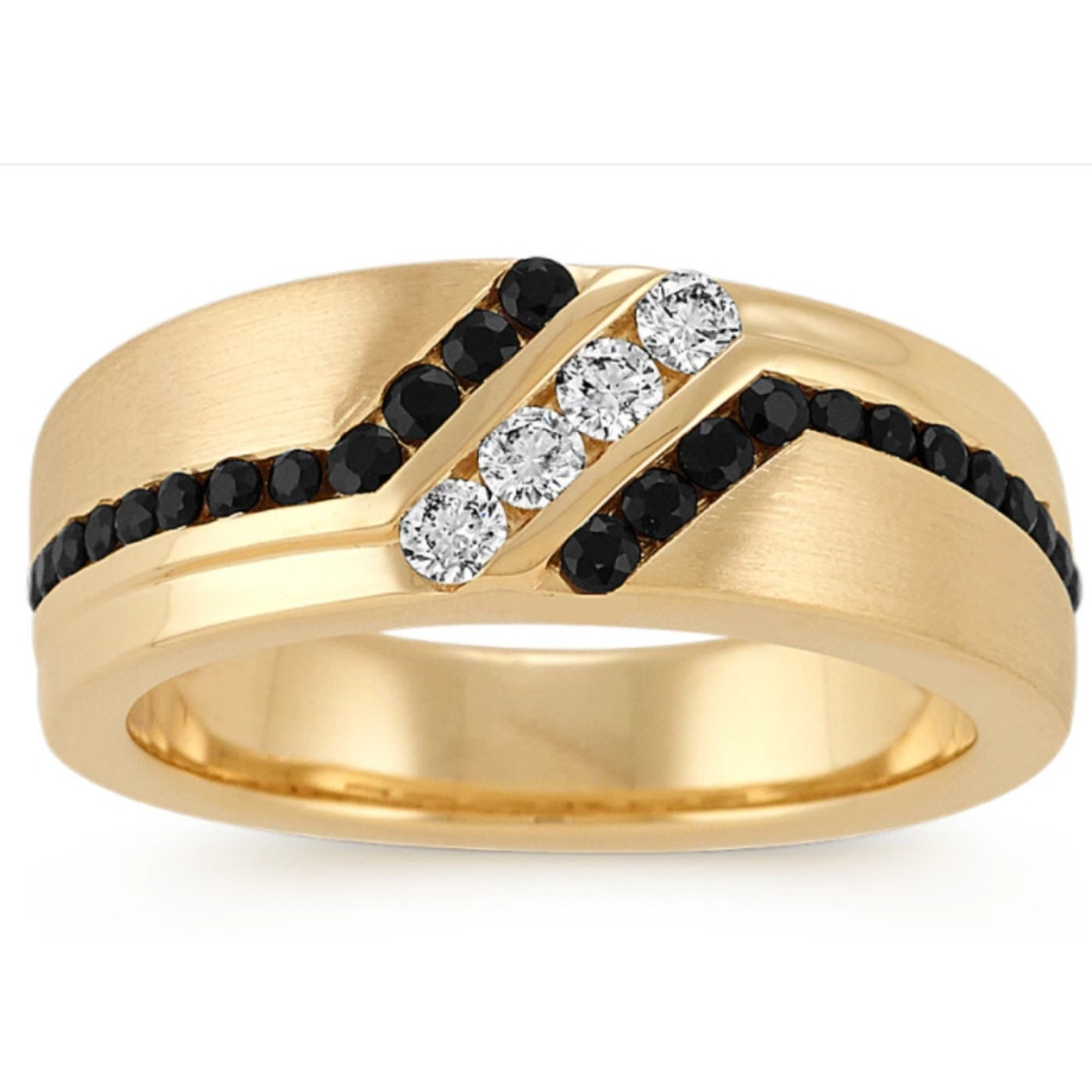 1 Ct TW Mens Black & White Diamond Wedding Band 10k Yellow Gold Ring (H-I, I1) 1 Ct TW Mens Black & White Diamond Wedding Band 10k Yellow Gold Ring (H-I, I1)