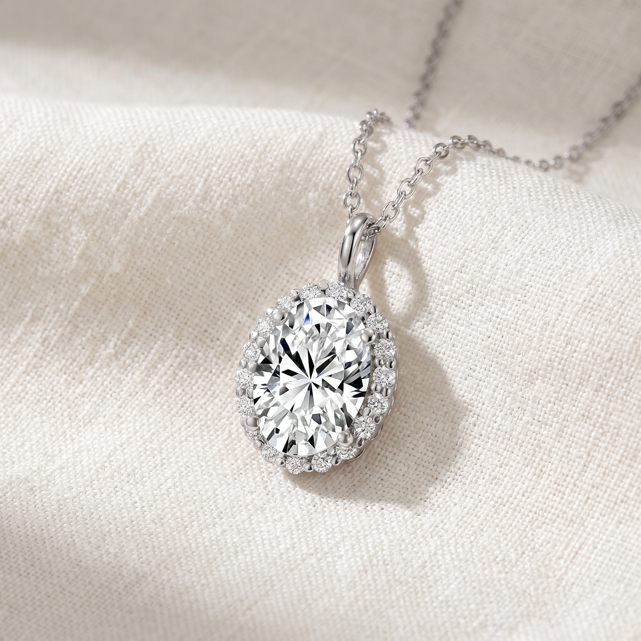 3 Ct Oval Moissanite & Lab Grown Diamond Halo Pendant 14k Gold Necklace (E-F, VS)