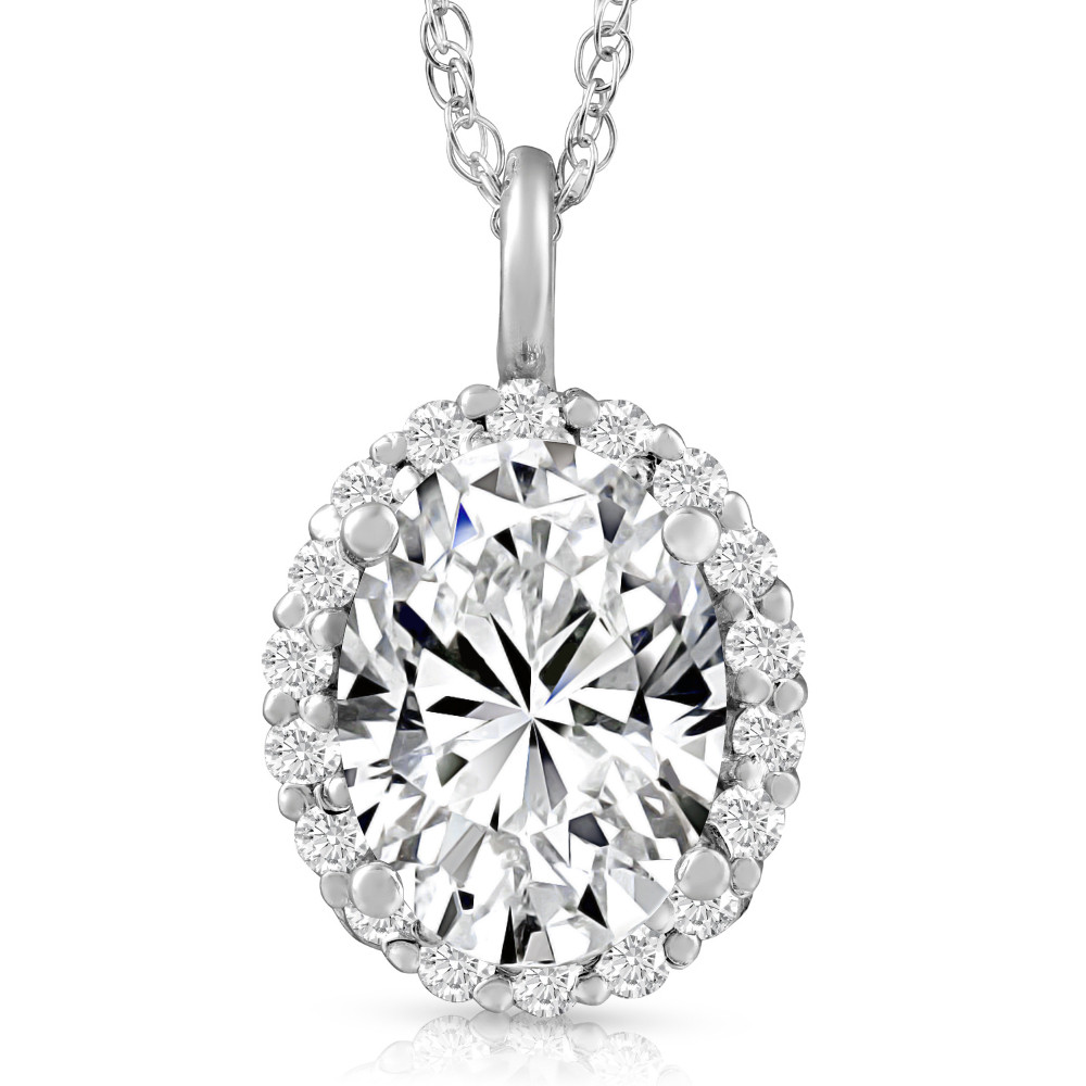 3 Ct Oval Moissanite & Lab Grown Diamond Halo Pendant 14k Gold Necklace (E-F, VS)