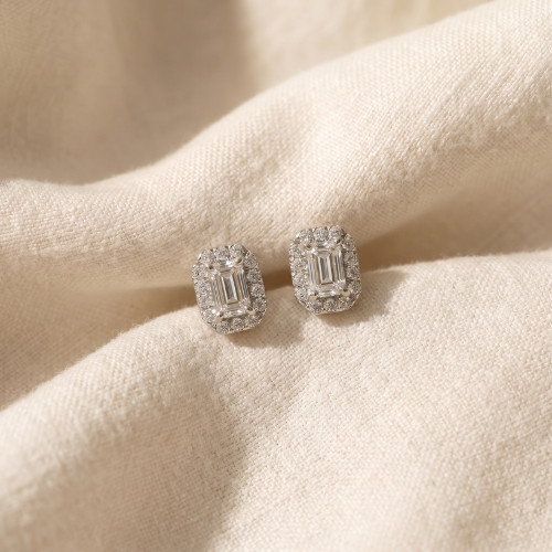 3/4 Ct Emerald Moissanite & Lab Grown Diamond Halo Studs 14k White Gold Earrings (G-H, VS)