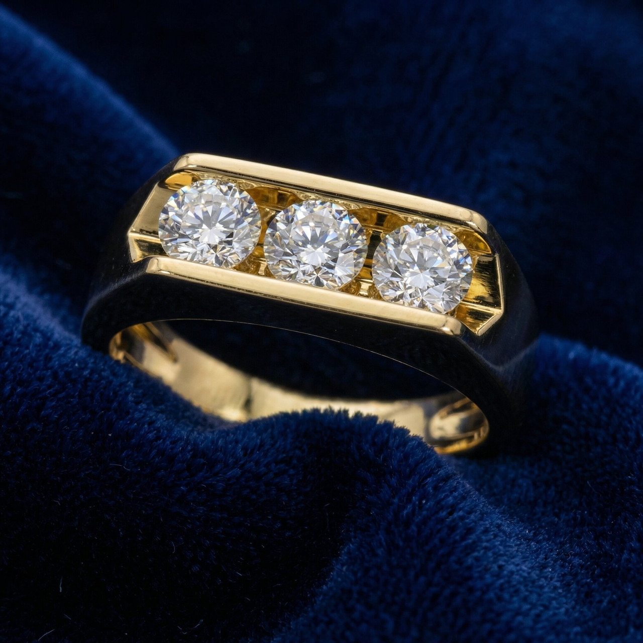 1 1/2ct Lab Grown Diamond Three Stone Mens Wedding Ring 10K Yellow Gold (G-H, VS2-SI1)