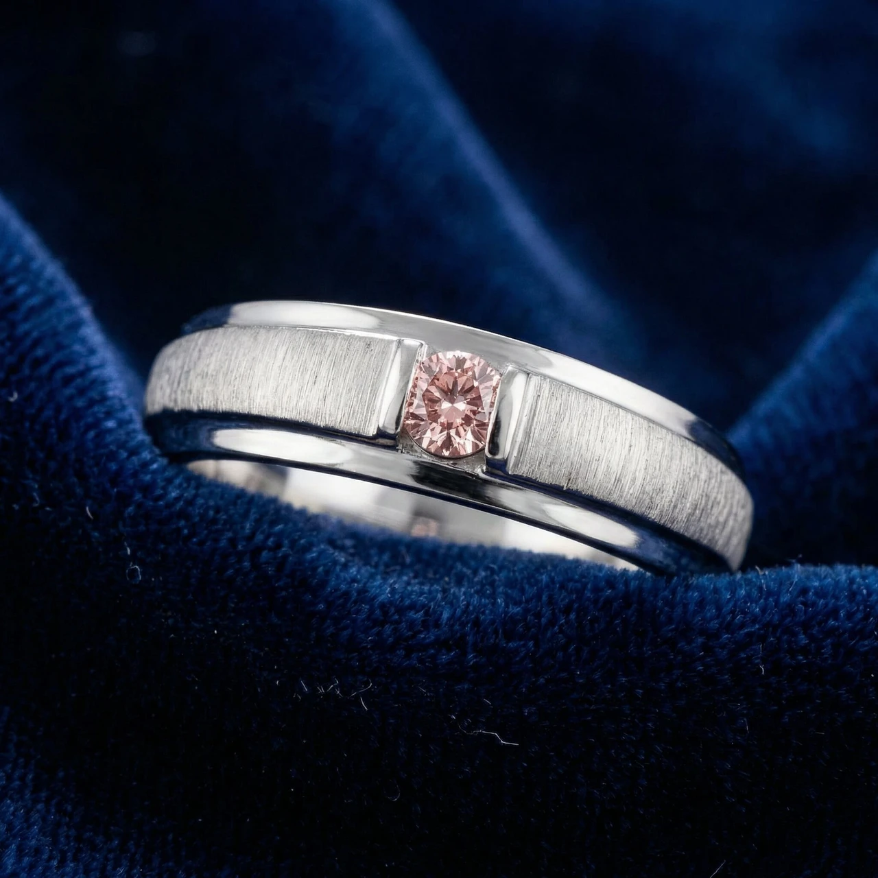 Mens Brushed Pink Diamond Lab Grown Wedding Brushed Anniversary Ring White Gold (Pink, VS)