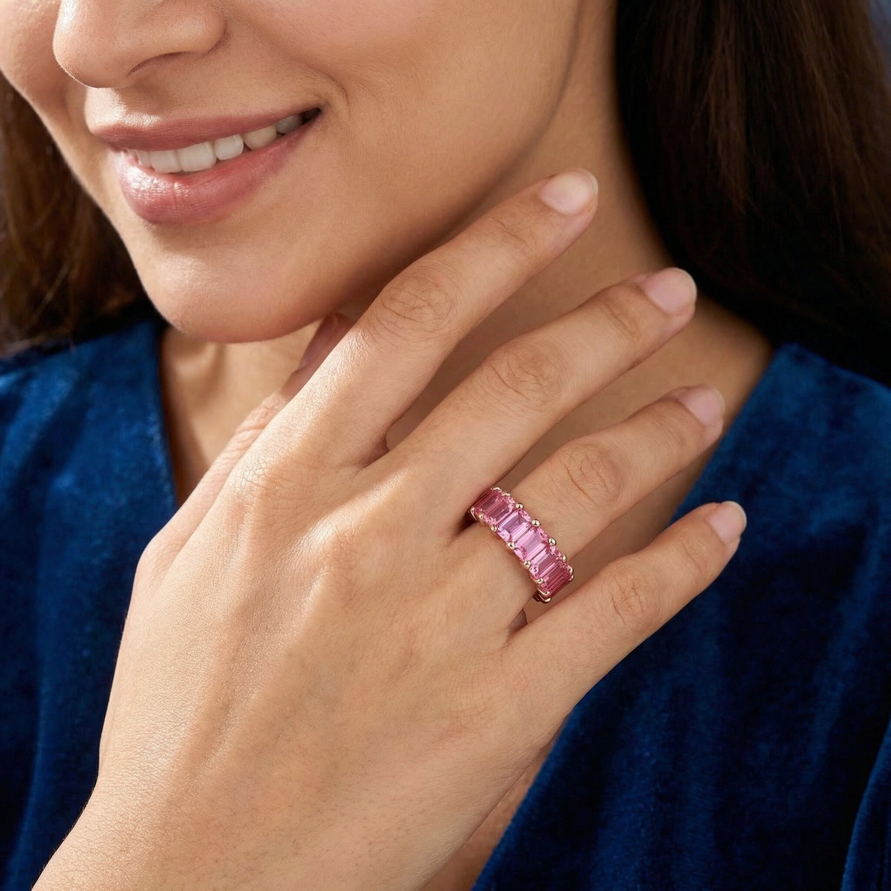 5X3mm Simulated Pink Sapphire Emerald Cut Eternity Ring Solid 10k Rose Gold