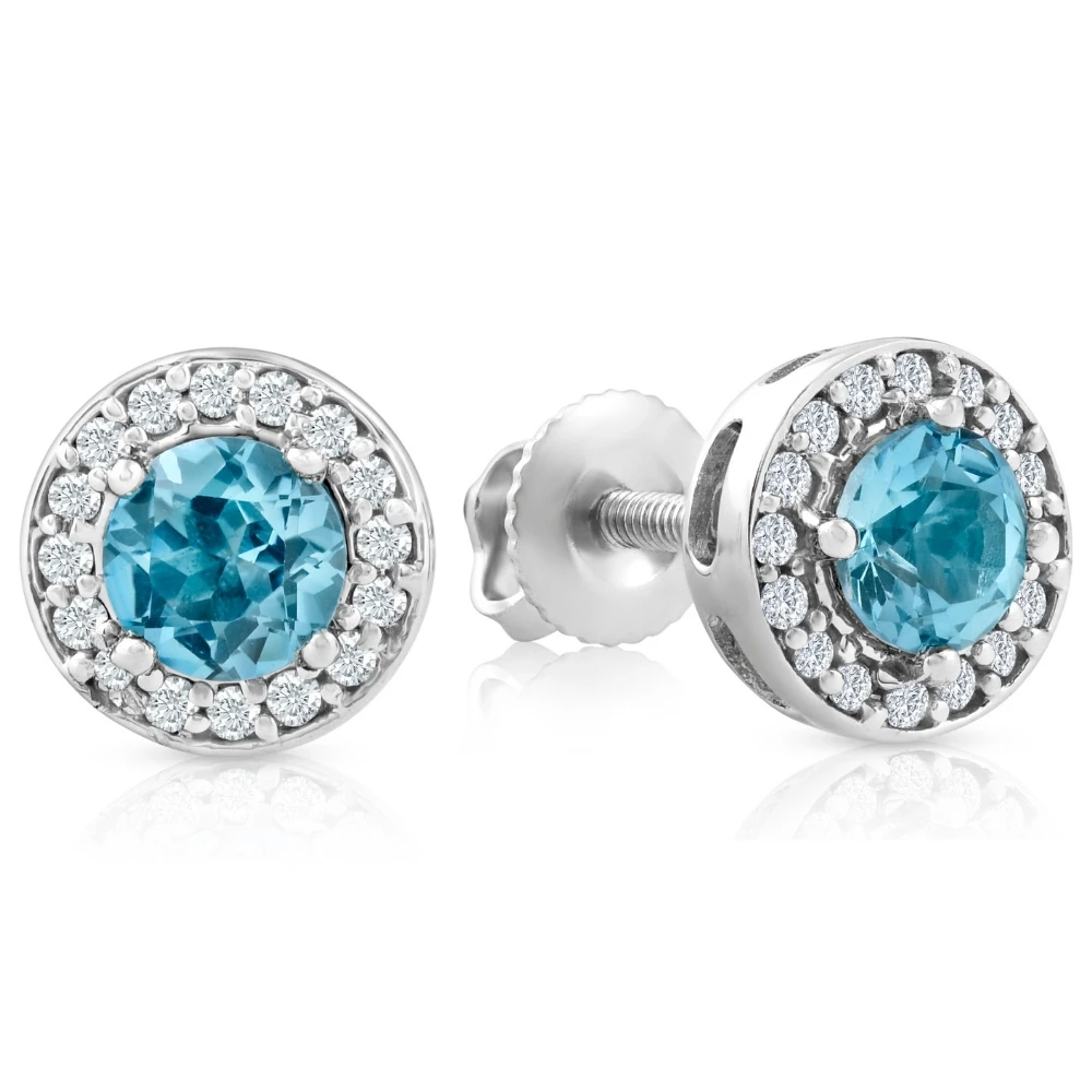 3/4ct Halo Diamond Blue Topaz Studs 14K White Gold (G-H, I2-I3)