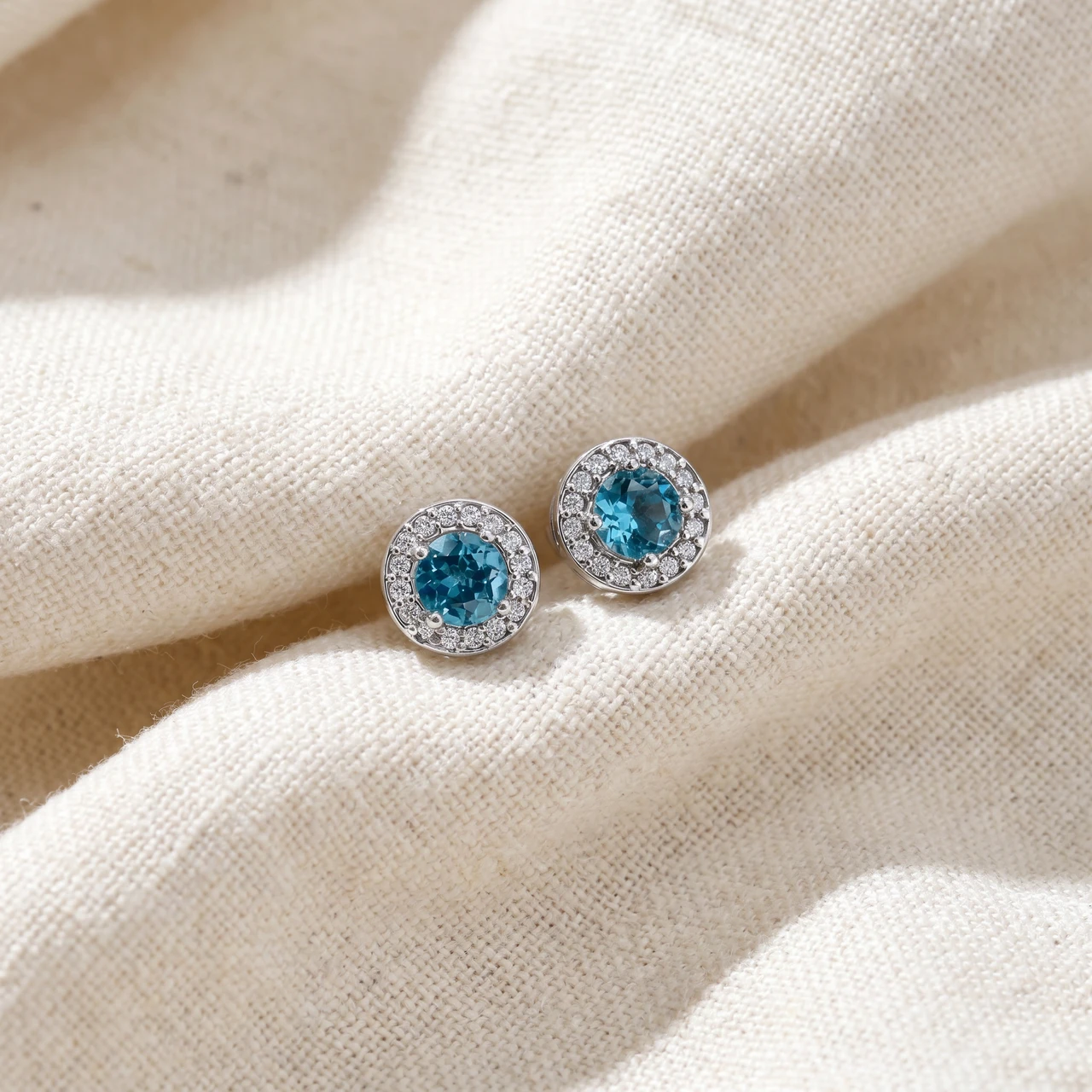 3/4ct Halo Diamond Blue Topaz Studs 14K White Gold (G-H, I2-I3)