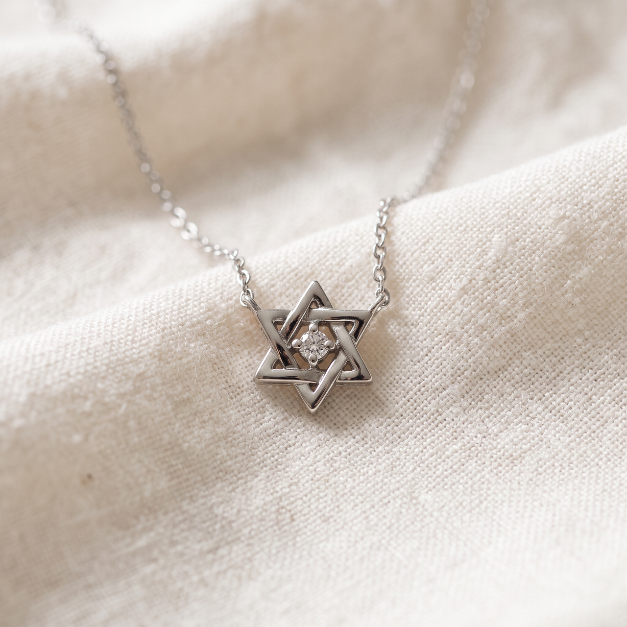 14k White Gold Star Of David Diamond Solitaire Pendant 18" Necklace (G-H, I2-I3)