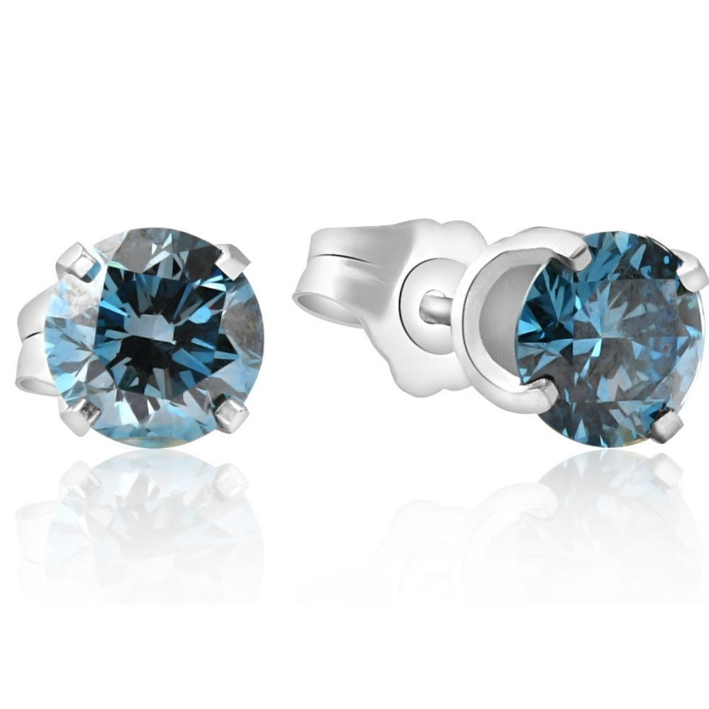 1 Ct T.W. Blue Lab Grown Diamond Studs 14K White Gold Earrings (Blue, SI)