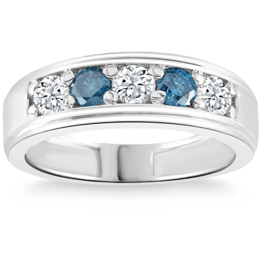 1 Ct T.W. Blue & White Diamond Mens Wedding Ring 5-Stone Anniversary White Gold (G-H, I1)