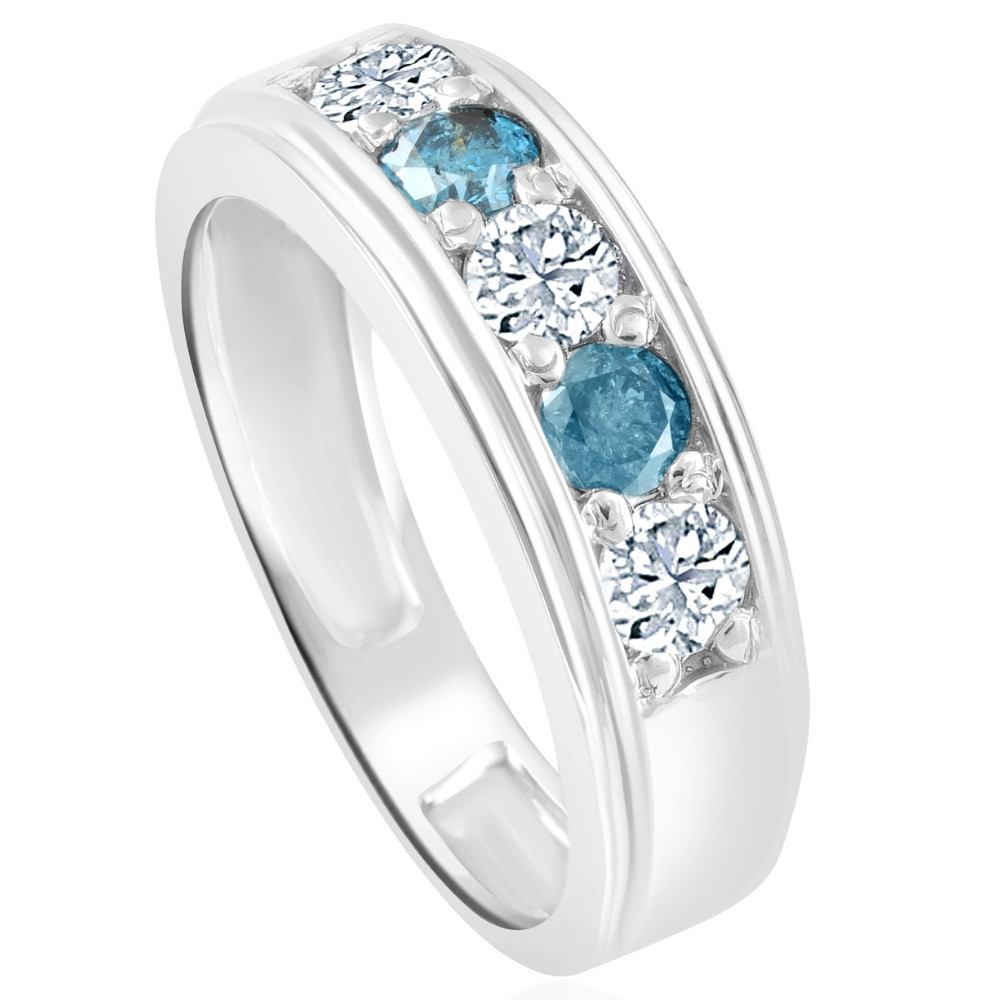 Men's 14K White Gold Diamond Wedding Ring - 0.85 Carat Round White & Blue Diamonds, Size 8.5