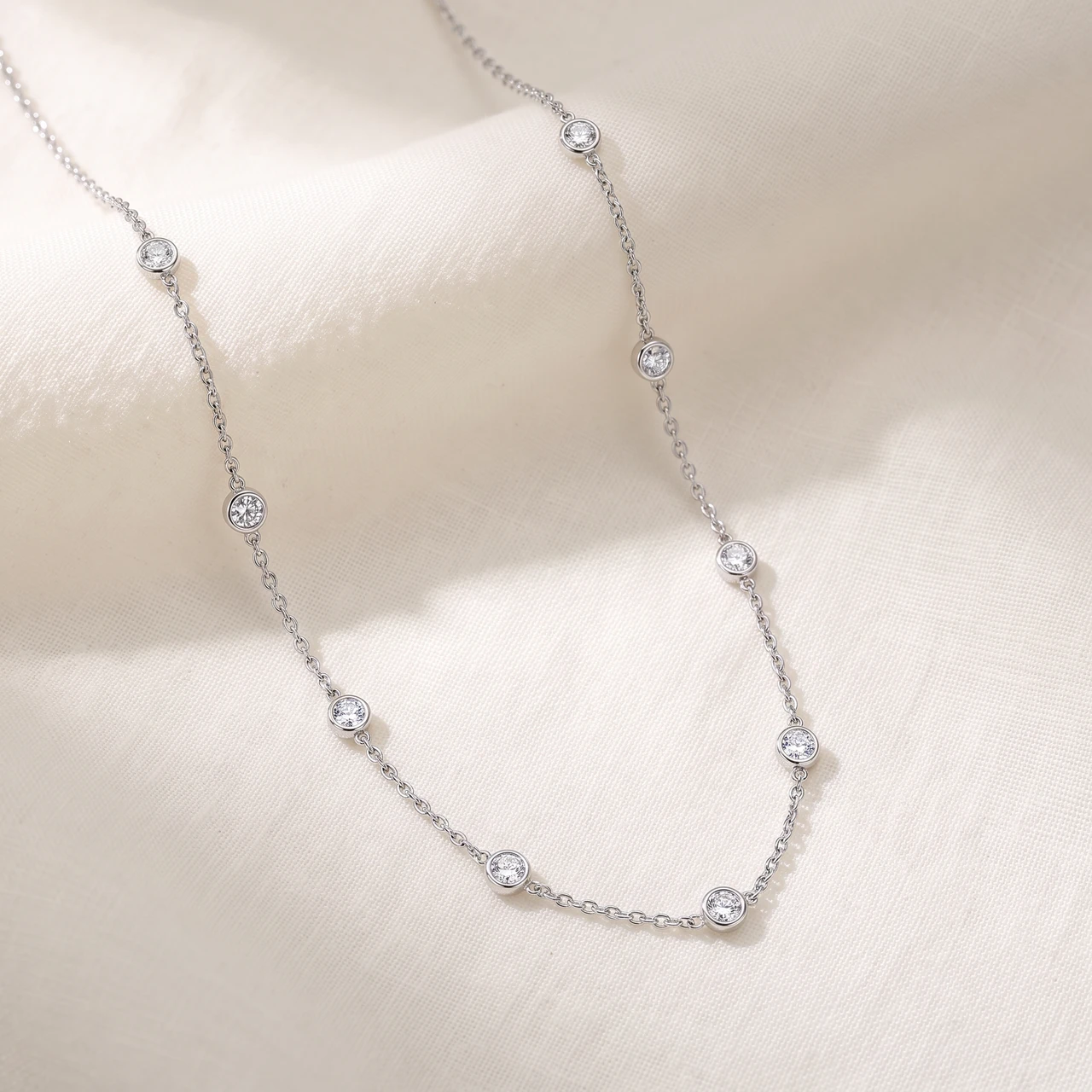 1 1/5 Ct Floating Diamond Bezel Station Necklace Lab Grown 14k Gold 18" (G-H, SI)