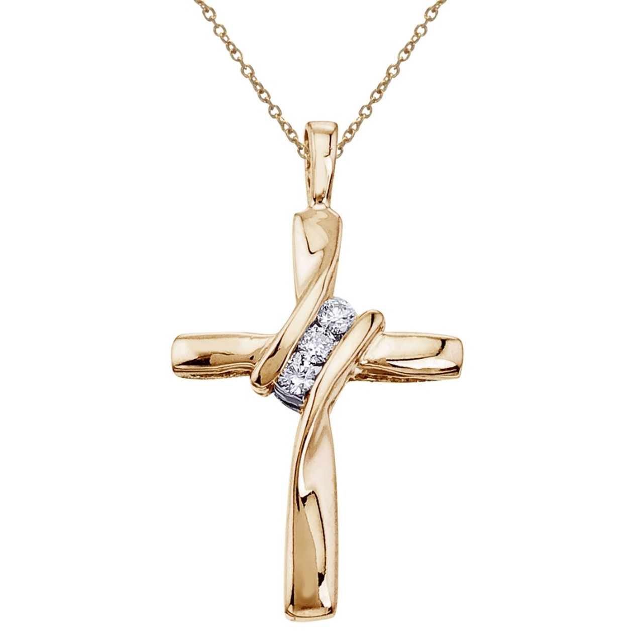 Three Stone Real Diamond Cross Pendant 