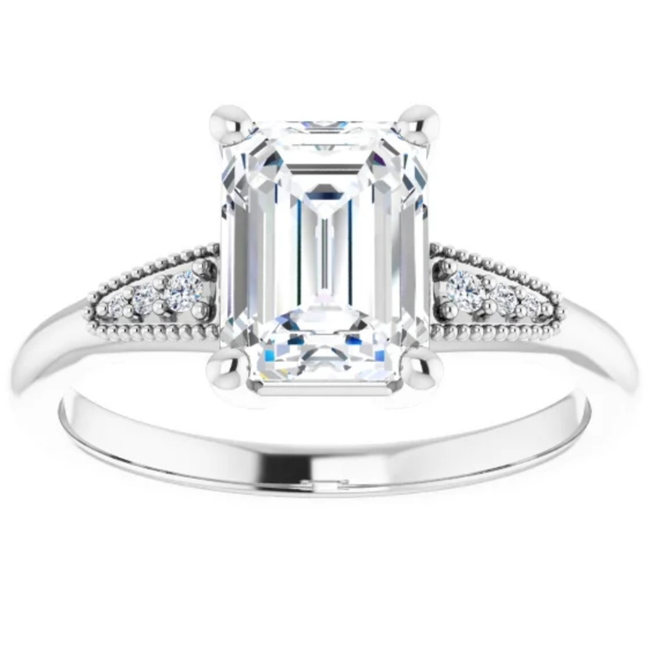 1 3/4Ct Diamond & Emerald Cut Moissanite Vintage Engagement Ring White Gold (G-H, I1)