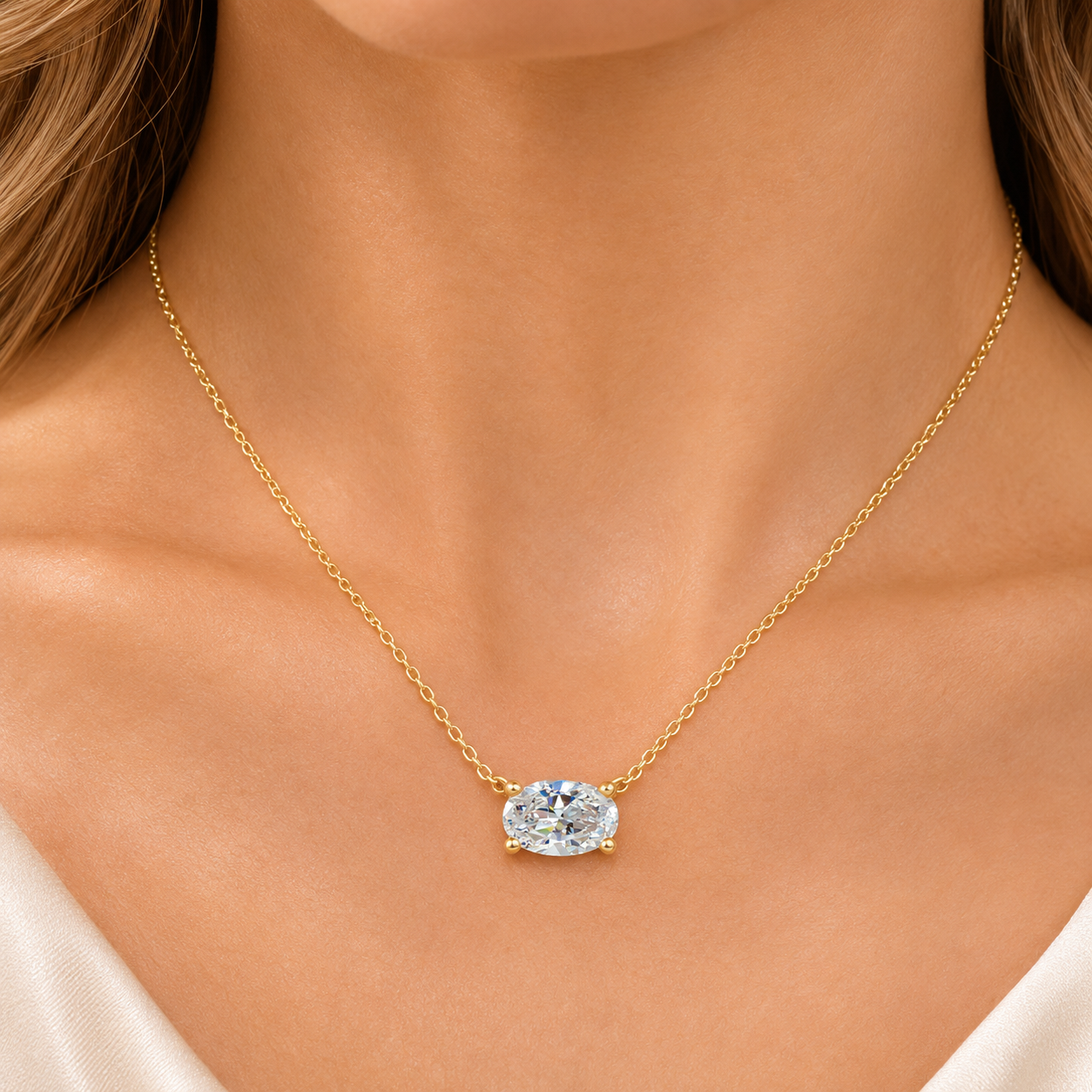 1/3Ct Oval Shape Sideways Solitaire Diamond Necklace in White or Yellow Gold (G-H, SI)