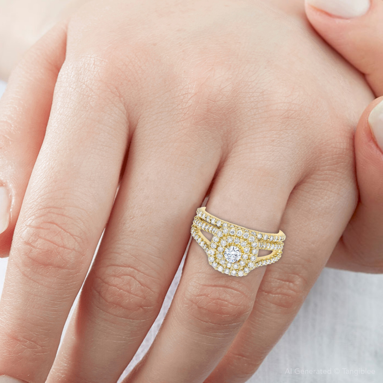 1 1/10CT Cushion Halo Diamond Engagement Wedding Ring Set 10K Yellow Gold (H-I, I1) 1 1/10CT Cushion Halo Diamond Engagement Wedding Ring Set 10K Yellow Gold (H-I, I1)