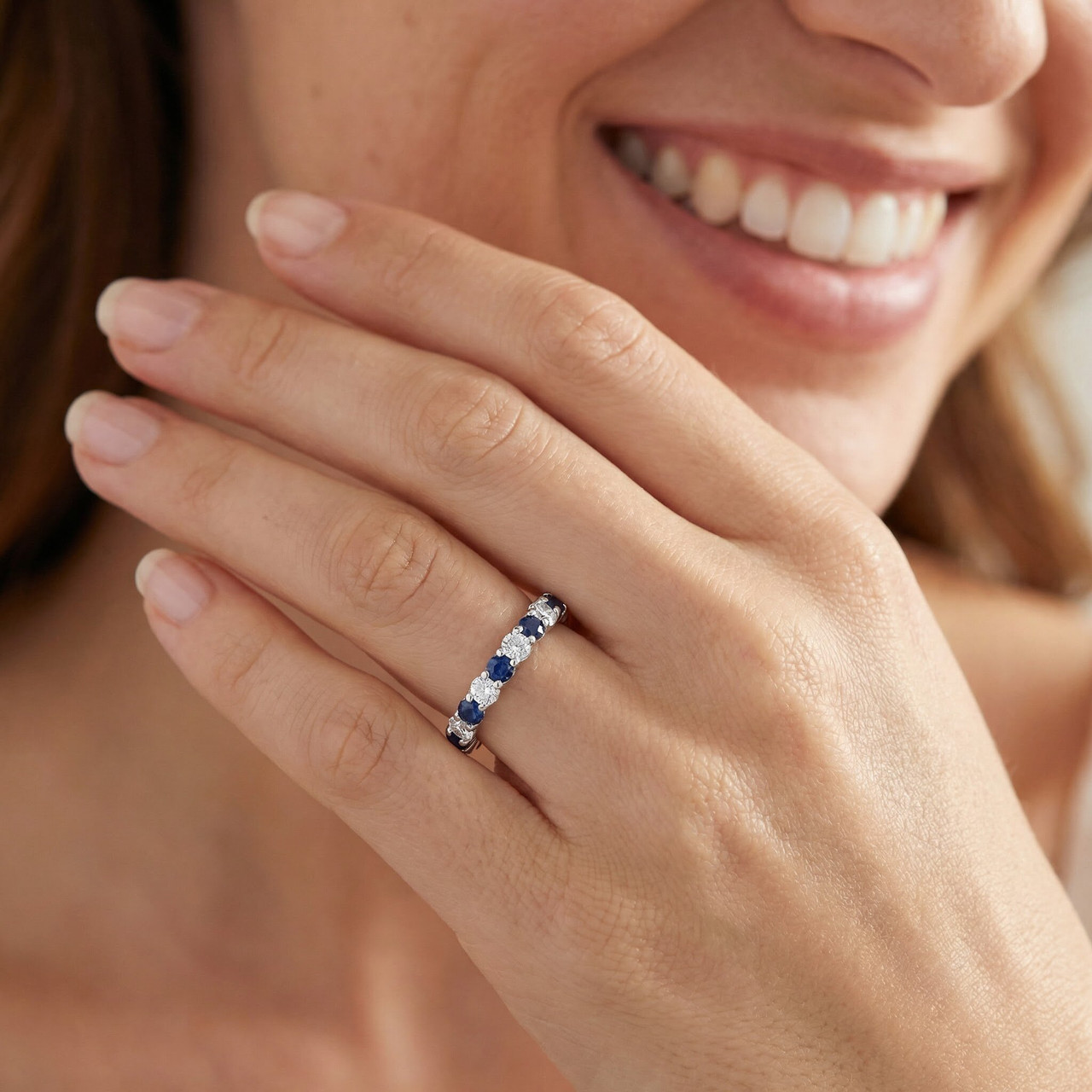 1 cttw Blue Sapphire Diamond Wedding Eternity Ring 10k White Gold (G-H, I1)