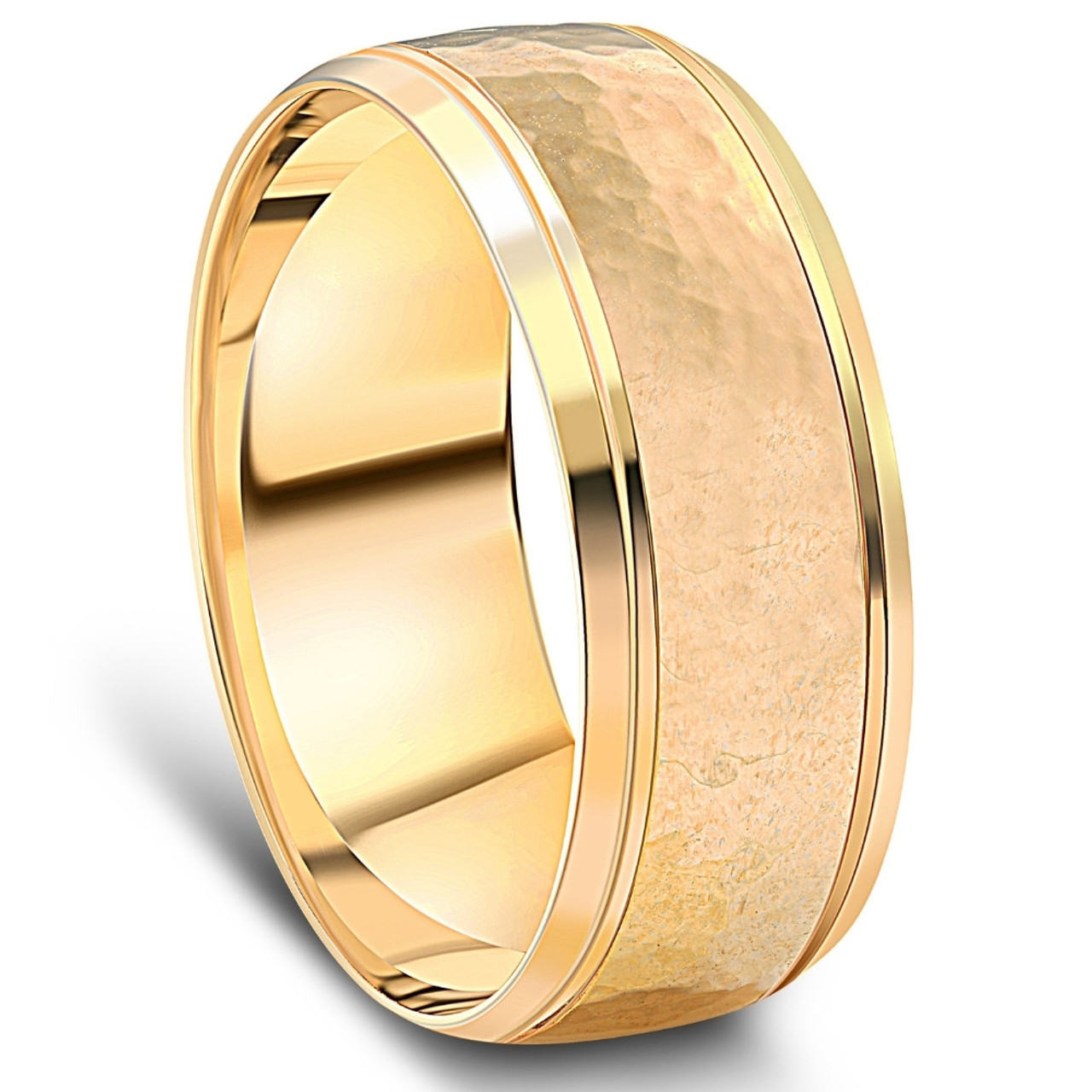 Men's 8mm 14k Yellow Gold Ring Hammered Beveled Edge Wedding Band Men's 8mm 14k Yellow Gold Ring Hammered Beveled Edge Wedding Band