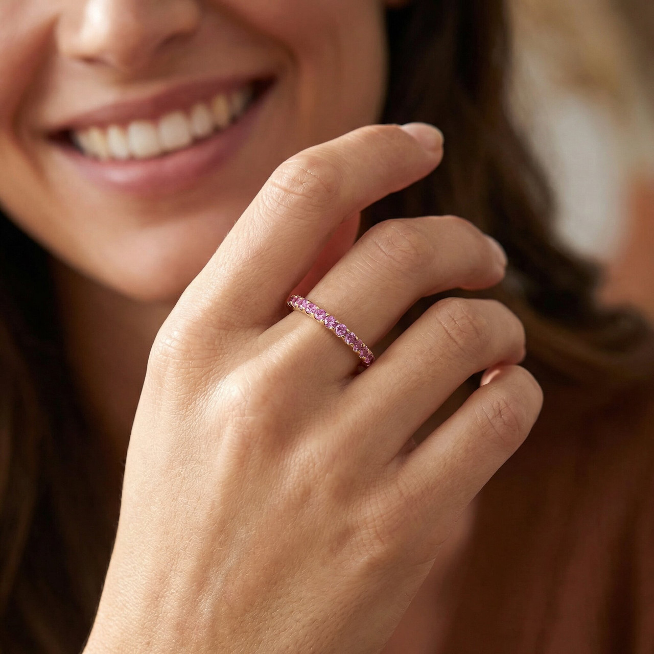 3/4Ct Pink Sapphire Stackable Ring Wedding Band 10k Yellow Gold